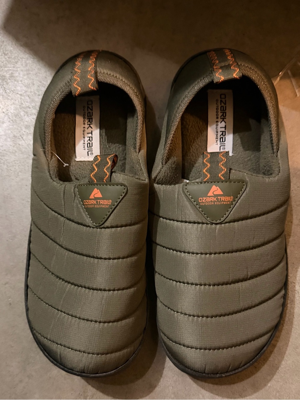 Ozark Trail Olive Green Quilted Slip-On Loafers with Orange Accents